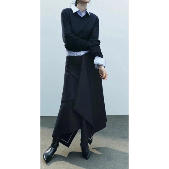 Zara Women Midi Skirt Small Black Pinstriped handkerchief Asymmetric High Low - Picture 3 of 14